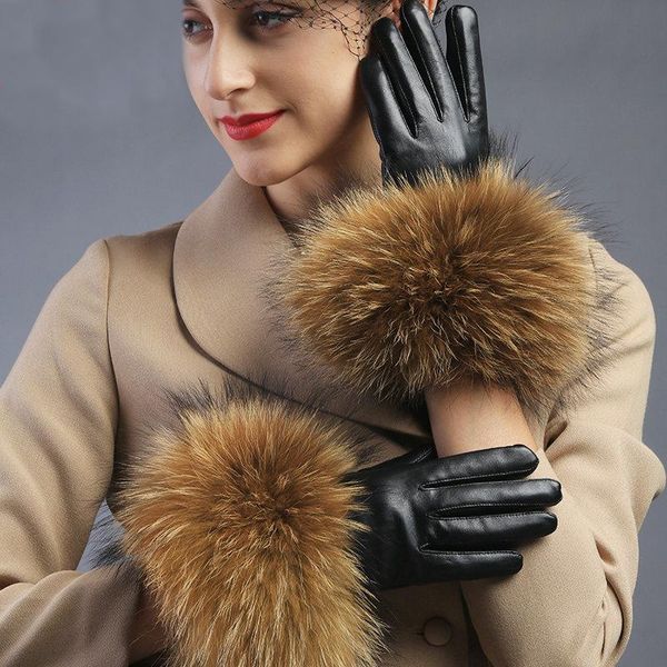 

five fingers gloves 2021 real raccoon fur leather women' fashion luxury big sheepskin genuine female, Blue;gray