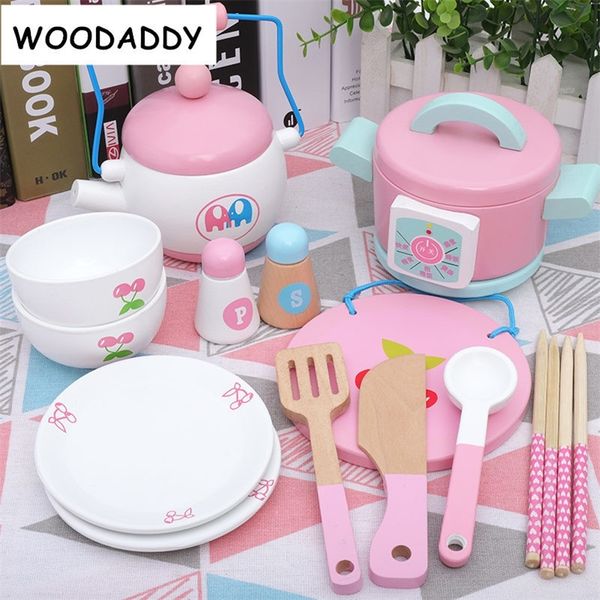 Dropshipping Pink Strawberry Simulation Cake Morning / Afternoon Tea Set Dessert Taglio Giocattoli di legno per bambini Bambini educativi LJ201007