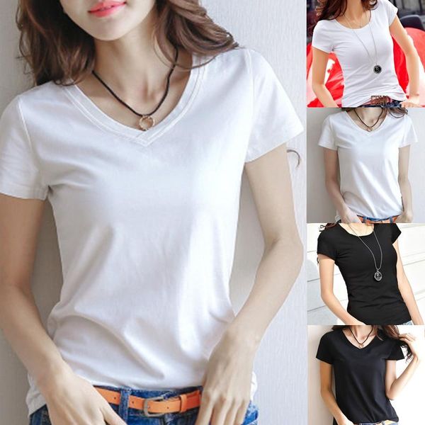 

new solid color t-shirt v-neck summer women's short sleeve black white t shirt round neck casual tee shirts