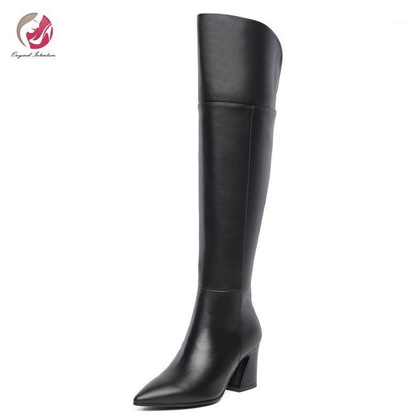 

original intention stylish genuine leather knee high boots woman chunky heels pointed toe black elegant lady shoes woman concise1