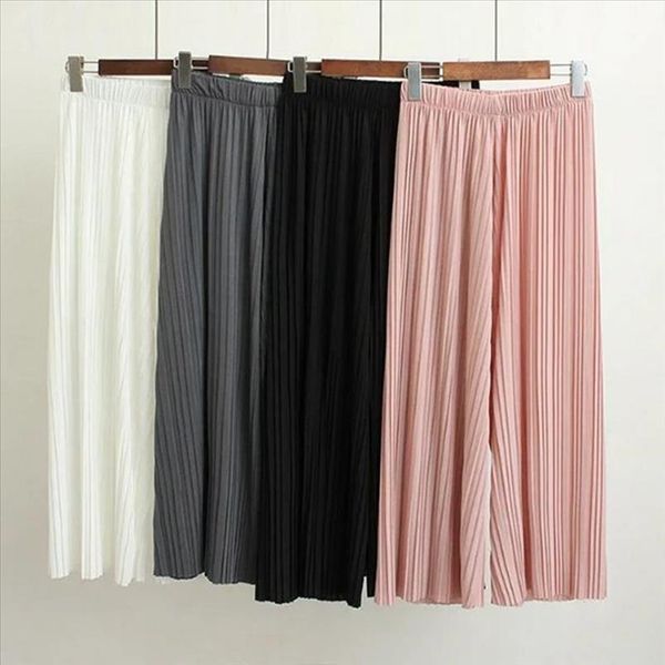 

women solid color pleated wide leg pants elastic waist cropped trousers culottes drop shipping good quality, Black;white