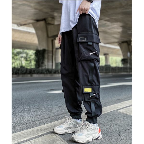 

21fw autumn and winter new men's overalls fashion hook pattern multi-pocket streamer sports trousers trousers casual active new clothes, Black