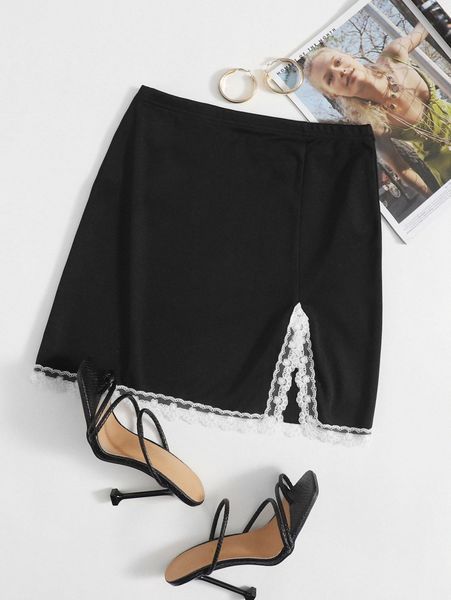

contrast lace slit hem mini skirt o5xg#, Black