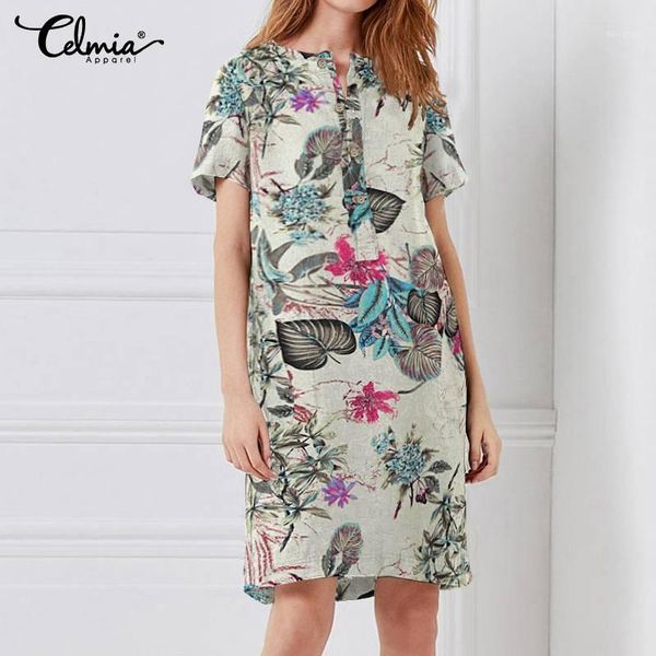 

celmia summer knee-length dress vintage plant printed casual loose sundress women o neck short sleeve linen shirt dresses femme1, Black;gray