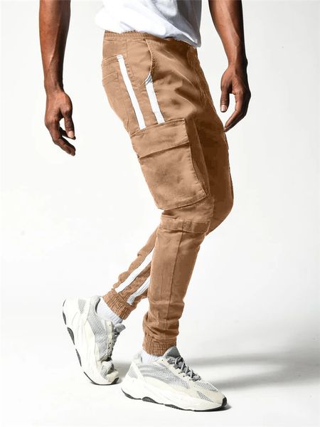 

solid color cargo pants mens striped pockets patchwork loose pencil pants fashion men sports casaul trousers, Black