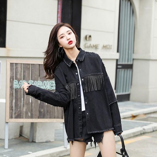 

2020 vintage stylish fringe beaded loose denim jacket coat women fashion long sleeve frayed trim ladies outerwear plus size1, Black;brown