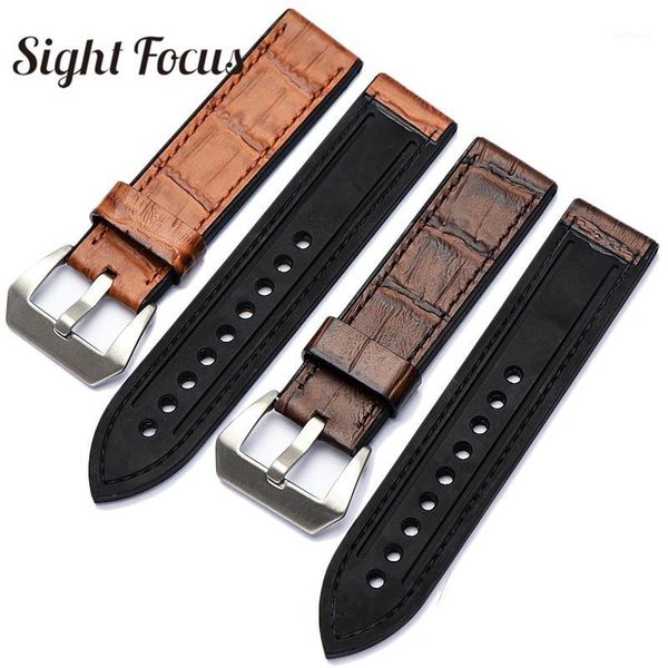 

leather bottom rubber watch band strap for watch belt men 20 22 24 26mm male bracelet accessorie for pam strap1, Black;brown