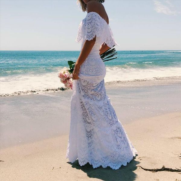 

sandy beach lace one shoulder solid dress slash neck vintage maxi long dress summer mermaid dresses slim, Black;gray