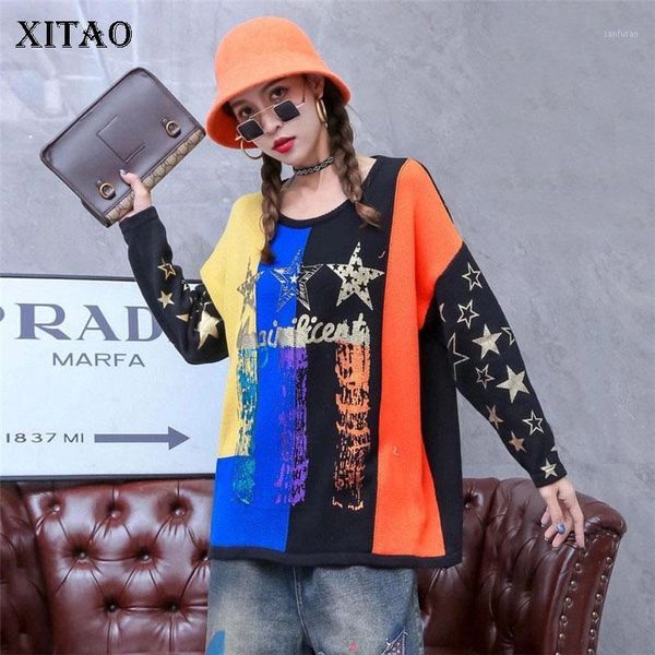 

xitao knitted sweater fashion new women pullover goddess fan pattern full sleeve minority elegant patchwork loose sweater zy18381, White;black