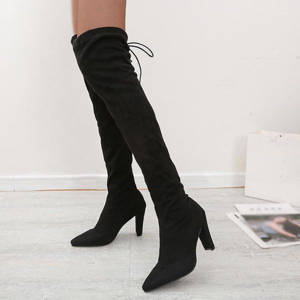 

boots 2021 winter over the knee women's stretch fabric stovepipe high heels pointed toes on shoes woman long, Black