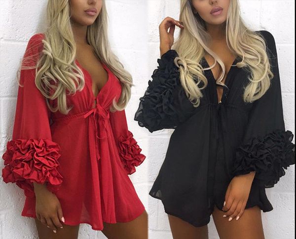 

women blouse ruffle kimono shirts deep v solid color long sleeve shirts casual holiday women summer 2021, White