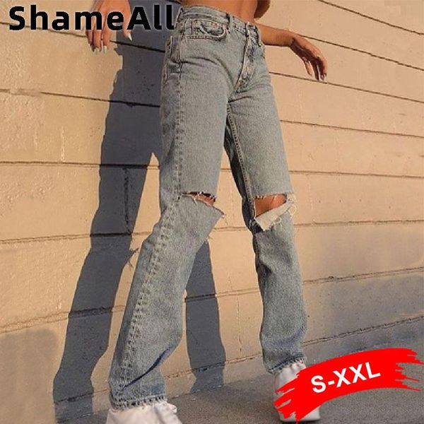 

vintage ripped hole baggy straight light blue denim pants women harajuku street y2k high waist loose jeans casual wide leg pant