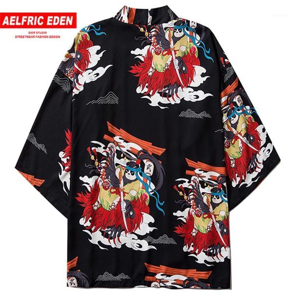 

aelfric eden harajuku 2020 summer panda print japanese kimono jacket men kimono loose japan streetwear front open coat oversized1, Black;brown