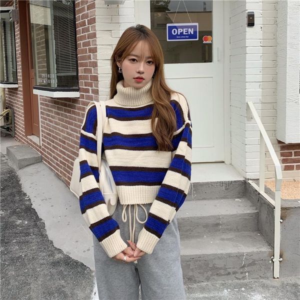 

women's sweaters winter striped pattern thick women sweater turtleneck short knitted pullovers jumper, White;black