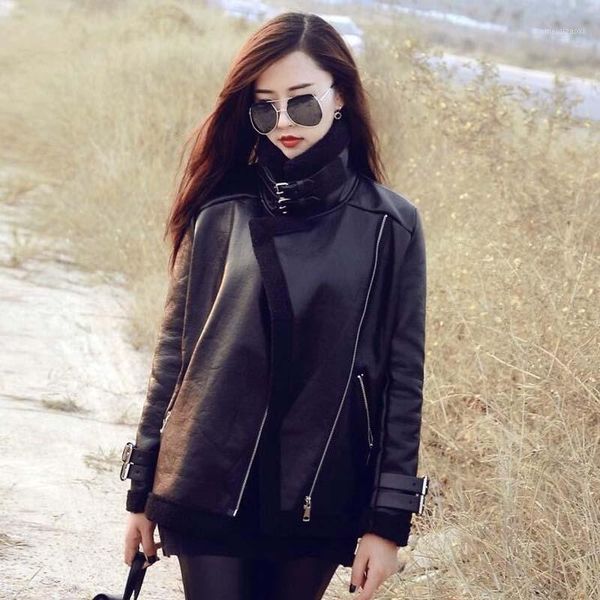 

warm women's winter motorcycle velvet jacket female short lapels fur thick plus velvet jacket 2020 bomber ns91051, Black