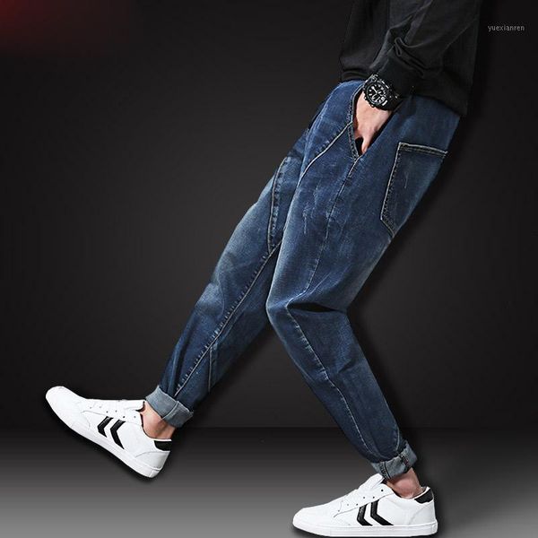 

new trend large plus size l-6xl blue elastic men jeans slim fat denim harem pants men's trousers chic 01331
