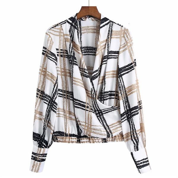 

new white plaid satin women 2021 autumn winter v neck puff long sleeve crop woman elastic hem elegant blouse gh6f