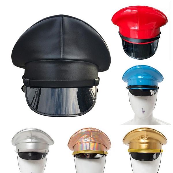 

wide brim hats night bar cap sercurity hat captain pu leather red stage performance prop 57/59/61cm1, Blue;gray
