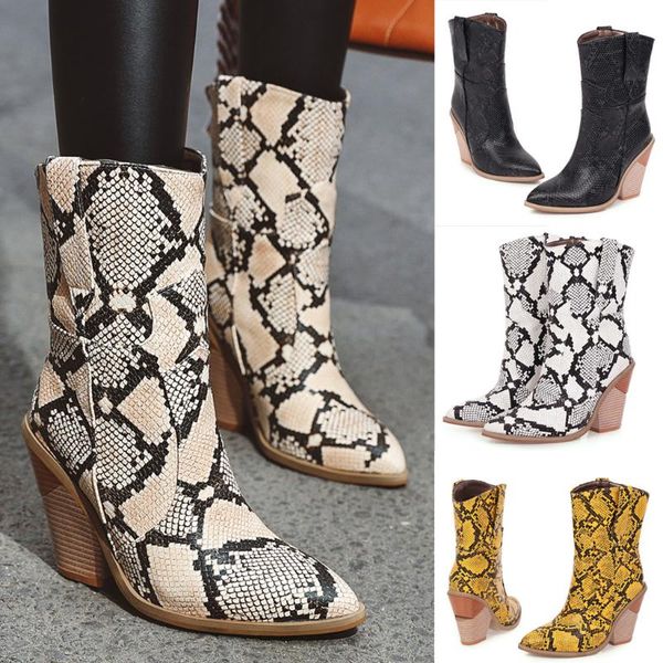 

boots sagace women zipper snake print ankle square heel fashion pointed toe ladies shoes woman bota feminina o15, Black