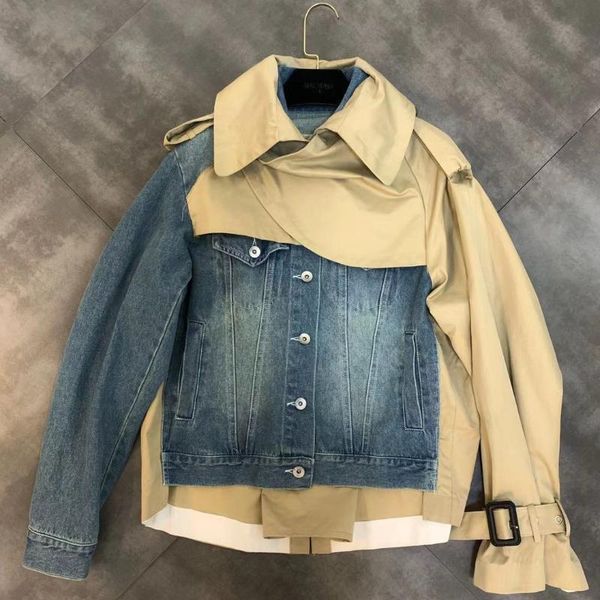 

women's jackets 2021 autumn lapel long-sleeved denim stitching trend fake two coat women jacket, Black;brown