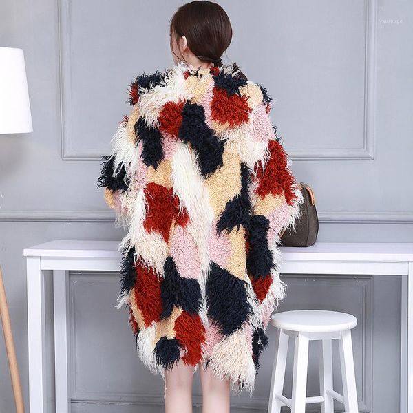 

imitation fur coat female long hooded batwing coat irregular skirt fashion color matching loose wool1, Black