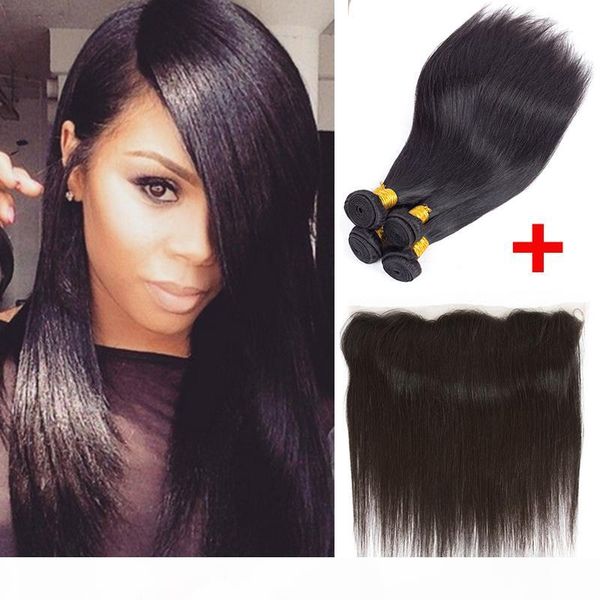 

peruvian straight remy human hair 4pcs with ear to ear lace frontal weaves closure brazilian straight hair weave bundles with closure, Black