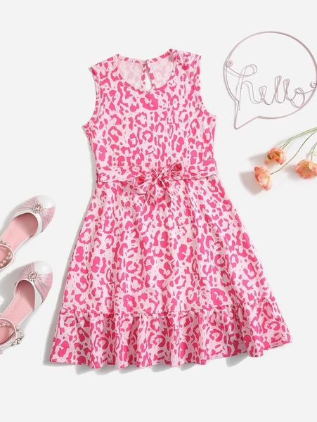

girls leopard ruffle hem belted dress she, Red;yellow