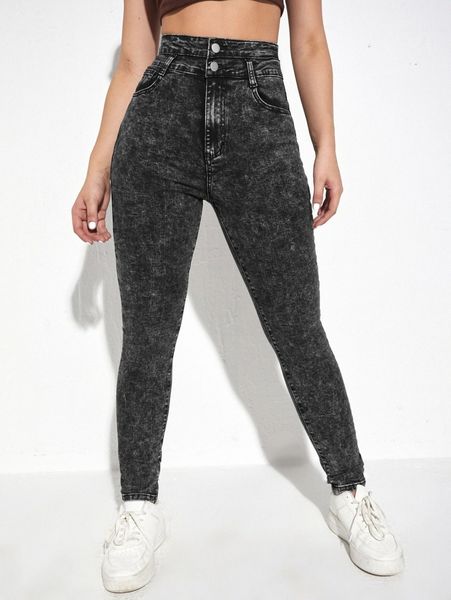 

high waist slant pocket skinny jeans r5b3#, Blue