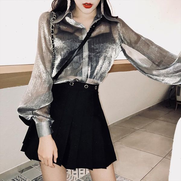 

fashionable silver gray korean loose sunscreen thin shirt long sleeve cardigan shirt jacket lady summer blouses chiffon, White