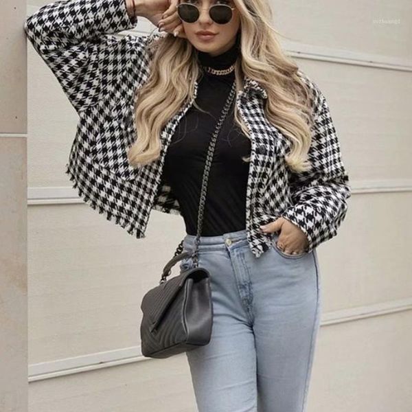 

puwd vintage woman loose houndstooth short coats spring autumn fashion ladies soft plaid outerwear female chic oversized jackets1, Black;brown