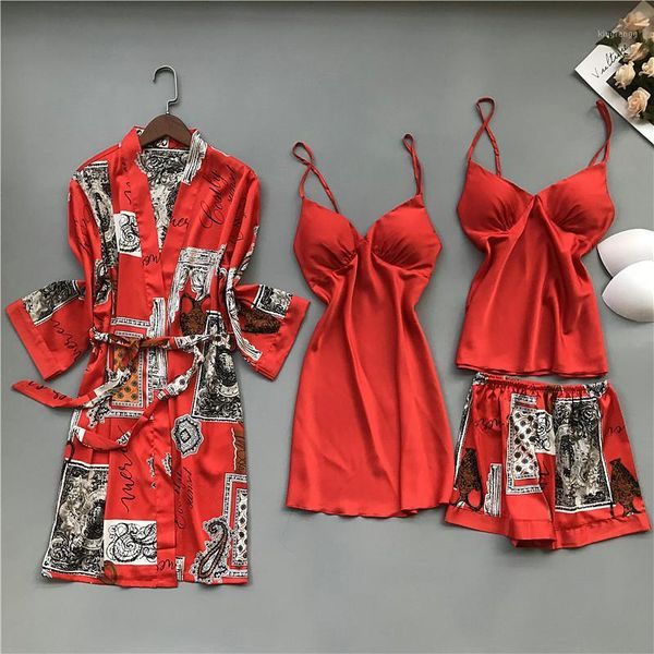 

2020 spring autumn women silk pajamas sets with chest pads flower print pijama sleepwear 4 pieces spaghetti strap satin pyjamas1, Black;red
