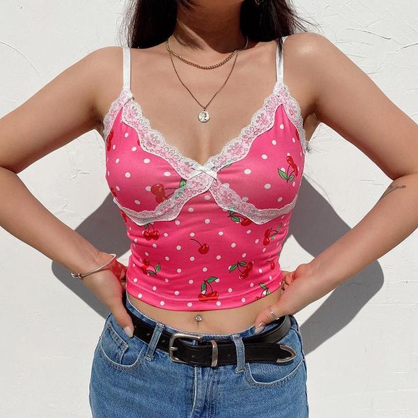 

cherry print sweat cute pink cami patchwork lace sleeveless spaghetti strap tees fashion summer casual camis, White