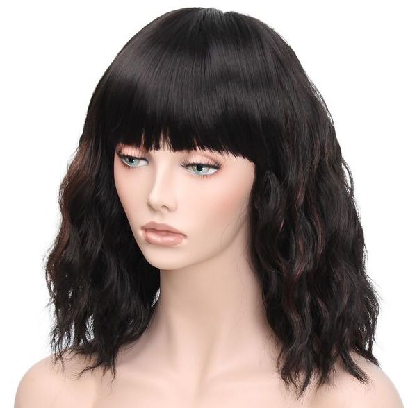 

european and american short curly hair women's chemical fiber headgear chemical fiber high temperature filament, Black