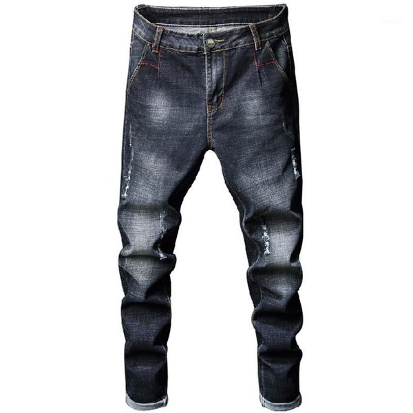 

men's jeans 2021 casual mens straight stretch little feet skinny men scratched black hole denim tide brand pants trousers,es6841, Blue