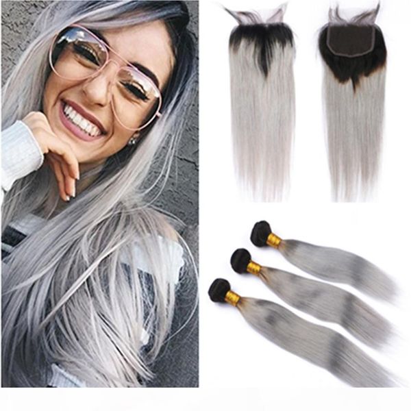 

silver gray ombre malaysian human hair weaves with closure #1b grey ombre straight virgin hair 3bundles with 4x4 lace front closure, Black;brown