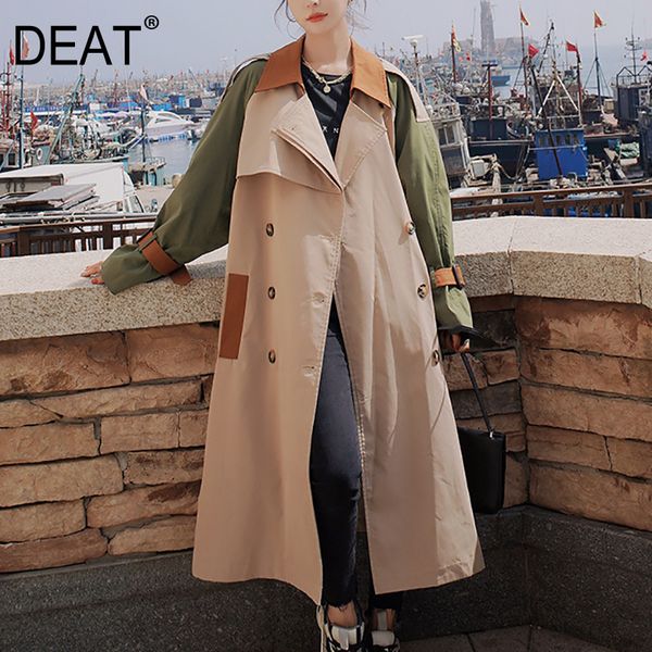 

[deat] women's coat hit color patchwork lacing slim loose over long englan style elegant new autumn fashion clothing am788 201031, Tan;black
