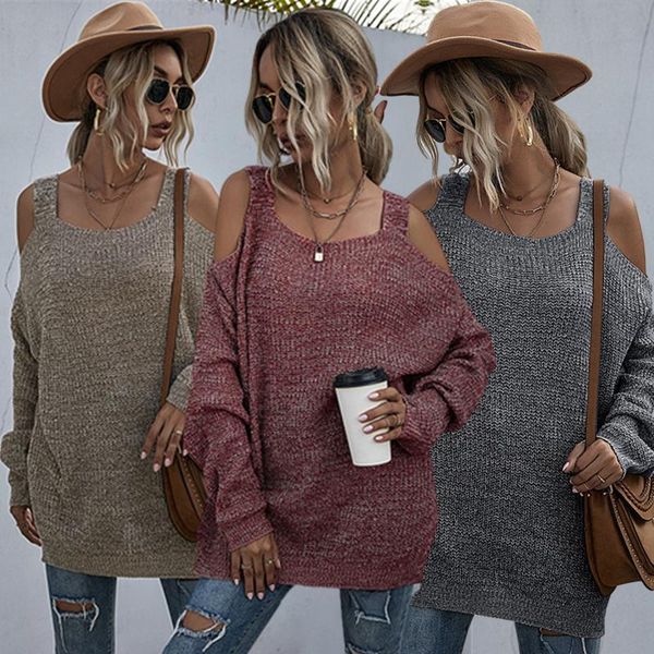 

women's knits & tees 2021 fashion women casual solid long sleeve cut-out sweater elegant lady square neck loose streetwear outwear, White