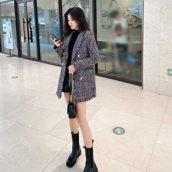 

women's wool & blends autumn and winter high-quality 2021 fragrance temperament plaid coat mid-length all-match woolen fashion trend, Black