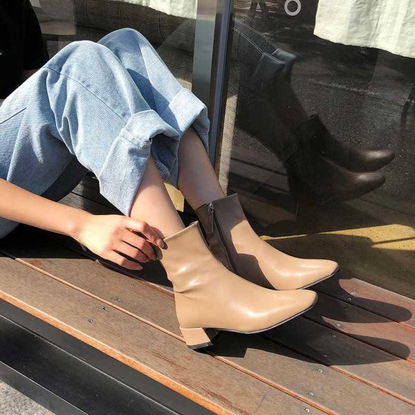 

ladies leather ankle boots square head thick heel high heel ankle boots autumn and winter apricot black size 33-421