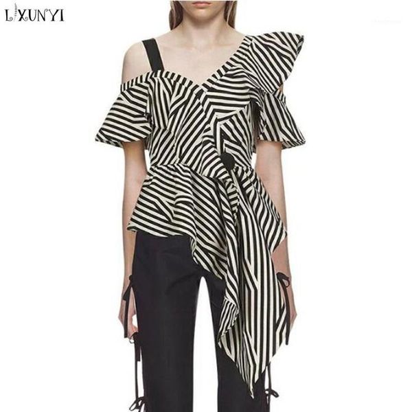 

lxunyi summer shirt women 2018 fashion off shoulder blouse ladies ruffle camis irregular striped shirts, White