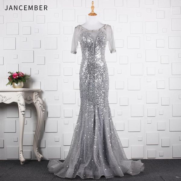 

jancember luxury robes de soirée femme ruched sequined illusion o-neck court train shinning mermaid occasion dresses for women1, White;black