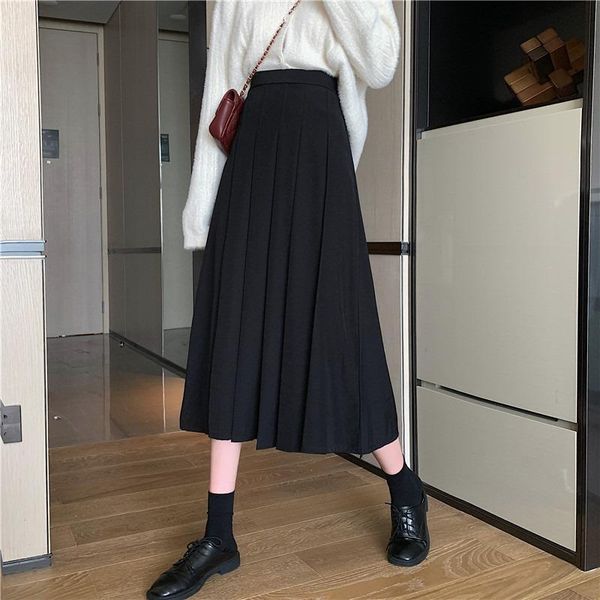 

women 2021 autumn winter fashion skirt high waist pleated female a-line skirts ladies casual solid skirt saia midi faldas a329, Black