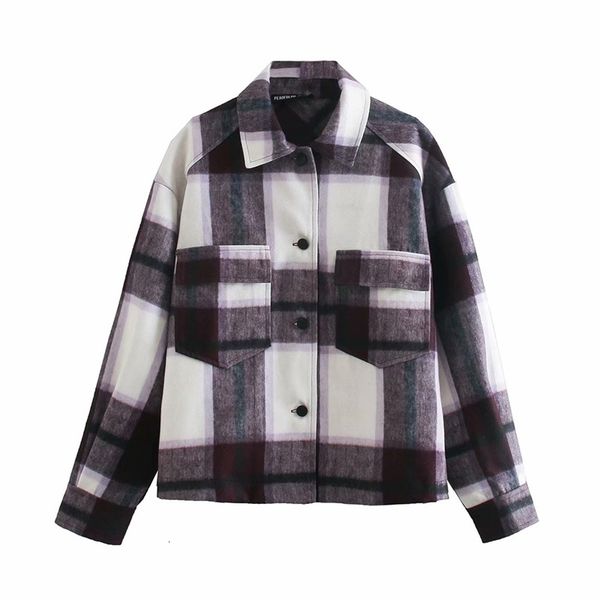 

2021 new vintage stylish purple plaid jacket coat women fashion lapel collar long sleeve loose chic top, Black;brown