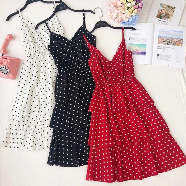 

2019 new summer women dresses fashion v neck cute dot printed chiffon dress female beach ruffle layered strap dress 6781, Black;gray