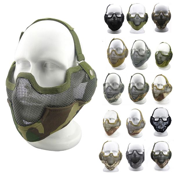 Taktische Airsoft-Maske mit Ohrschutz, Outdoor-Schießschutzausrüstung, V2-Metallstahldrahtgeflecht, halbes Gesicht, NO03-004
