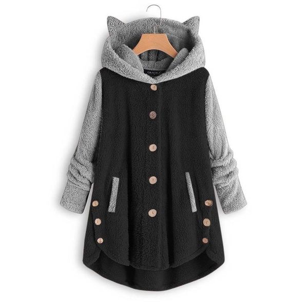 

ladies hooded collar long sleeve patchwork jacket coat oversized women fluffy trench overcoat casual outwear plus size 2 3 4 5xl, Black