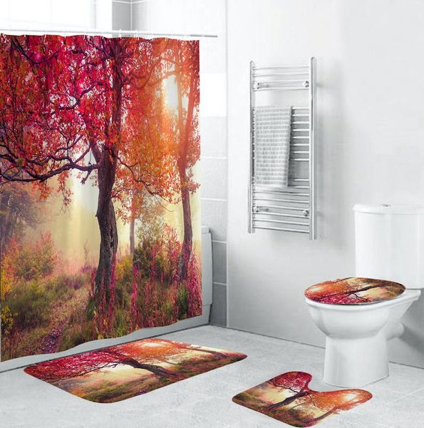 

bath accessory set mangrove patterned polyester shower curtain bathroom waterproof with 10 hook base carpet cover toilet mat