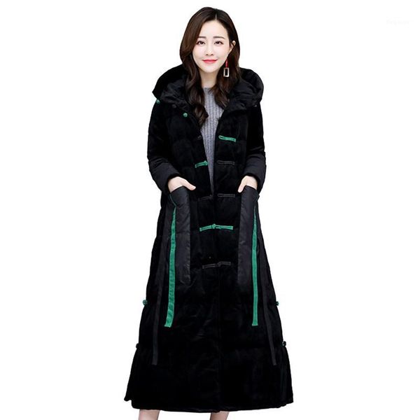 

winter parka women vintage thick warm hooded cotton jacket x-long gold velvet fabric outerwear cloth buckle winter coats a30141, Black