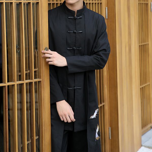 

long 2020 spring cotton hemp tang dynasty jacket men's coil button linen embroidered windbreaker, Tan;black
