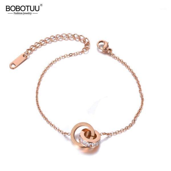 

bobotuu titanium stainless steel cz crystal circle charm bracelets for women girls rose gold chain link bracelet jewelry bb191111, Black
